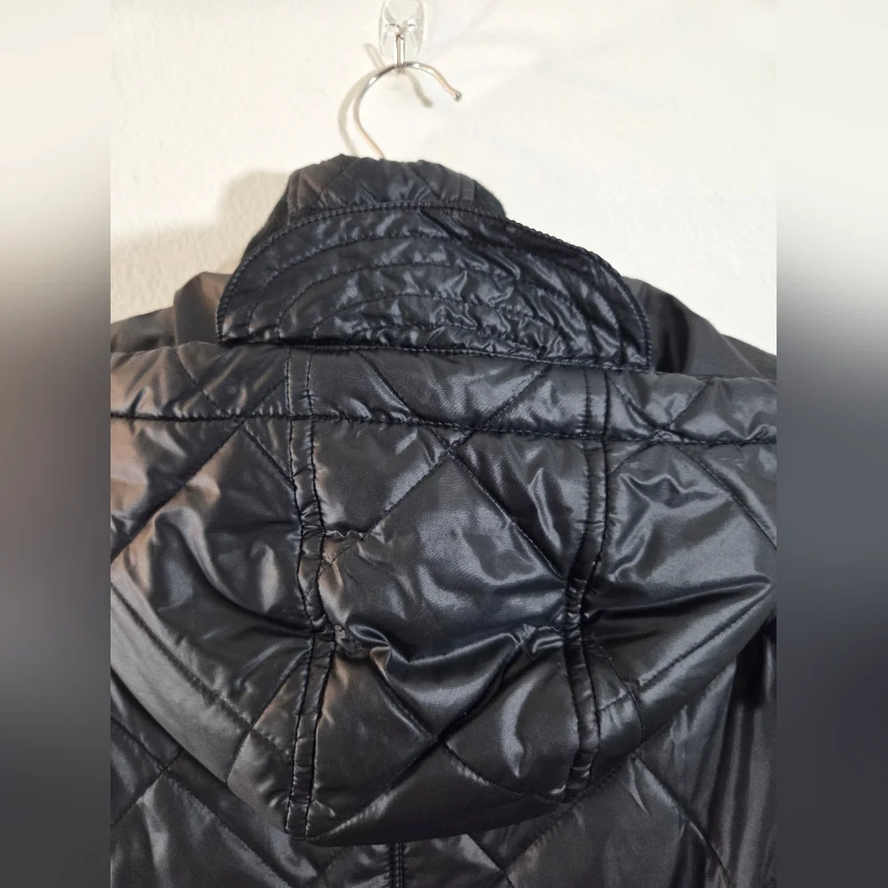 BCBGeneration Black Longline Quilted Lightweight Detachable Hood Puffer Coat